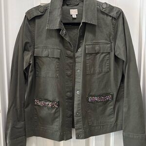 A New Day Green Utility Jacket with Floral Trim